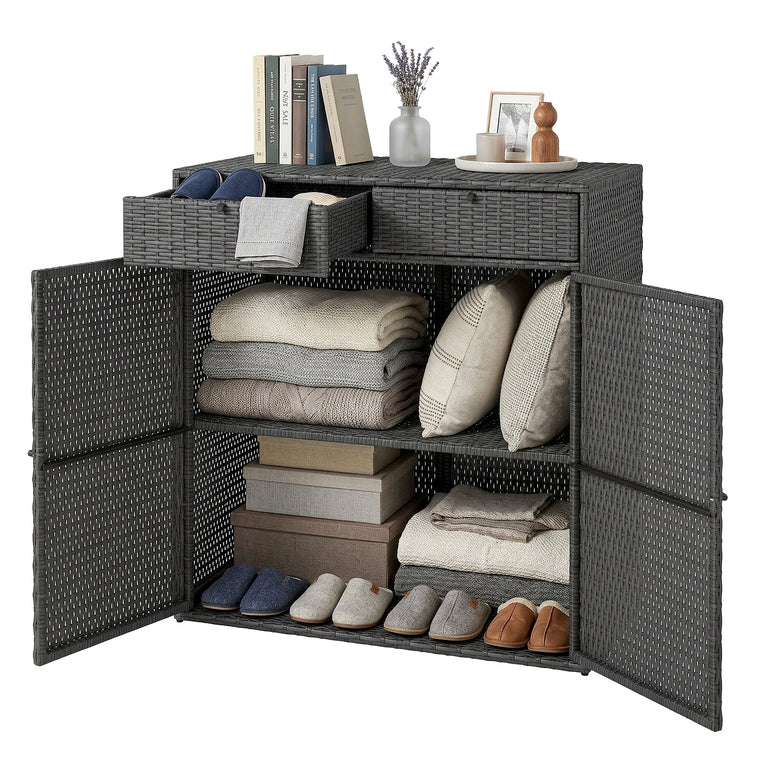 Wicker Storage Cabinet with 2 Doors & 2-Tier Shelf