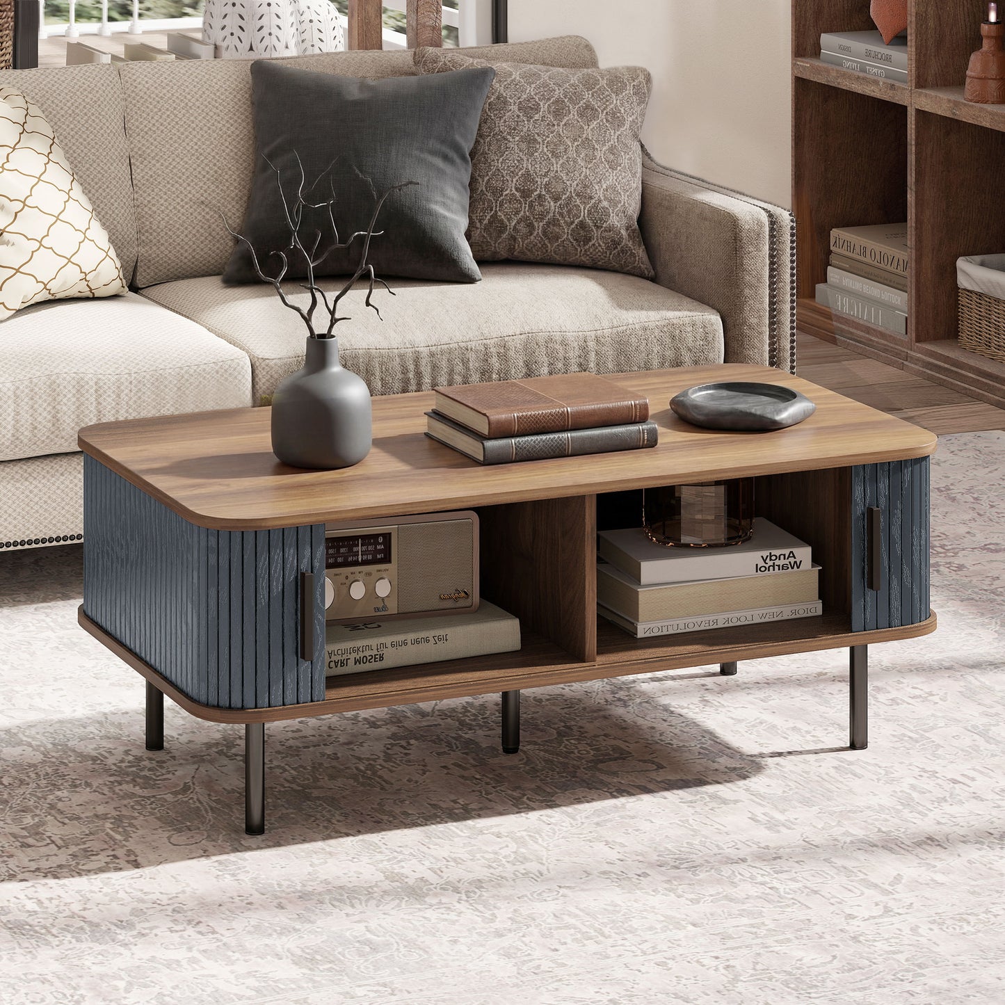 Nordic Side Table with Fluted Tambour Sliding Doors and Steel Legs, Coffee Table with Storage for Living Room, Black