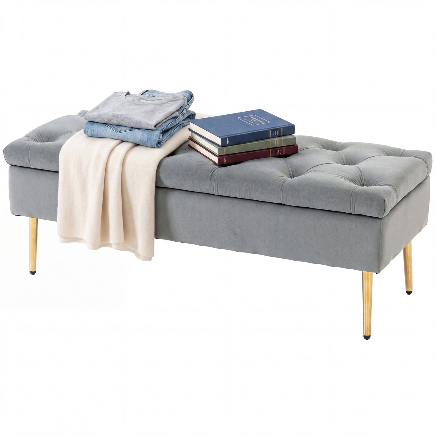 Upholstered Bedroom Bench with Gold Tone Metal Legs, Velvet Tufted and Thick Padding, Grey