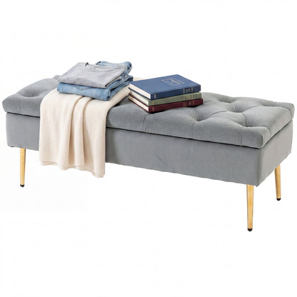 Velvet Tufted Bedroom Bench with Gold Legs - Grey