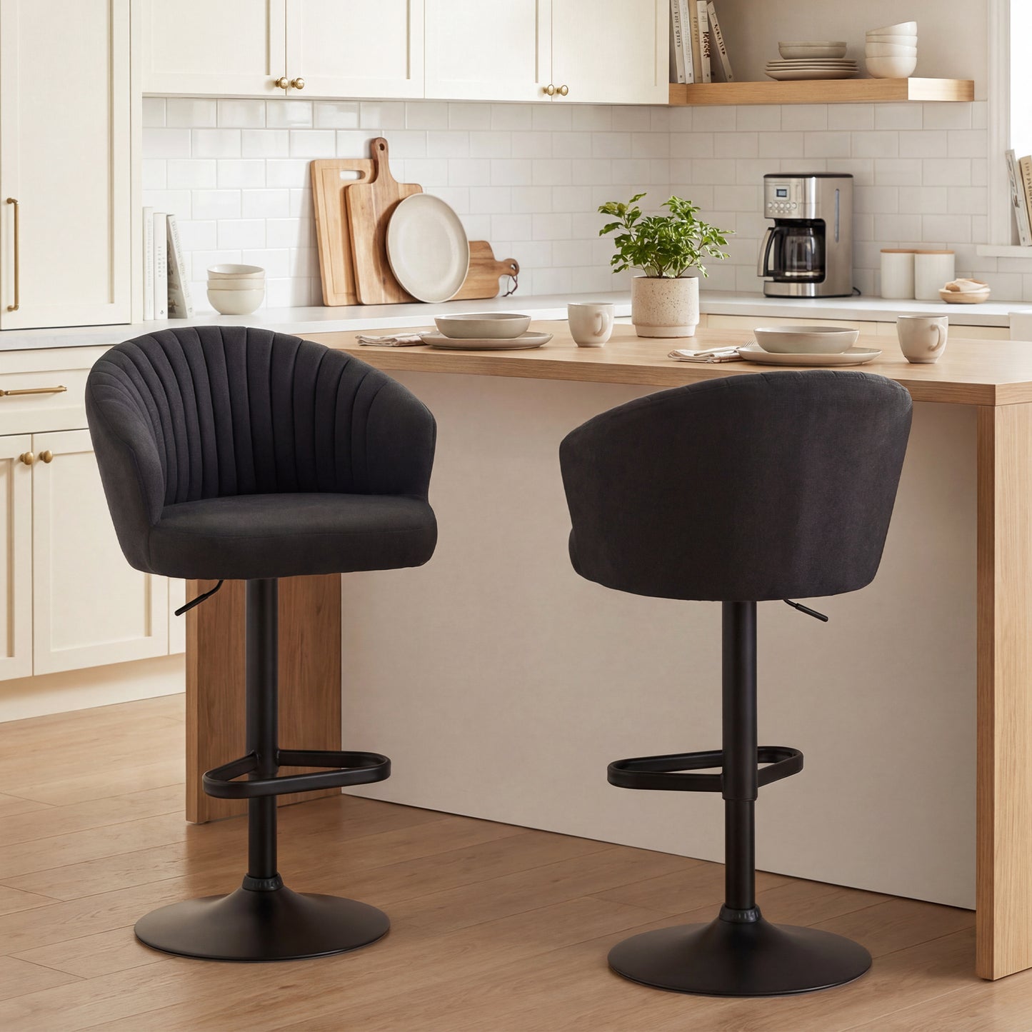 Adjustable Bar Stools Set of 2, Upholstered Kitchen Stools with Swivel Seat, Steel Frame, Footrest, Black