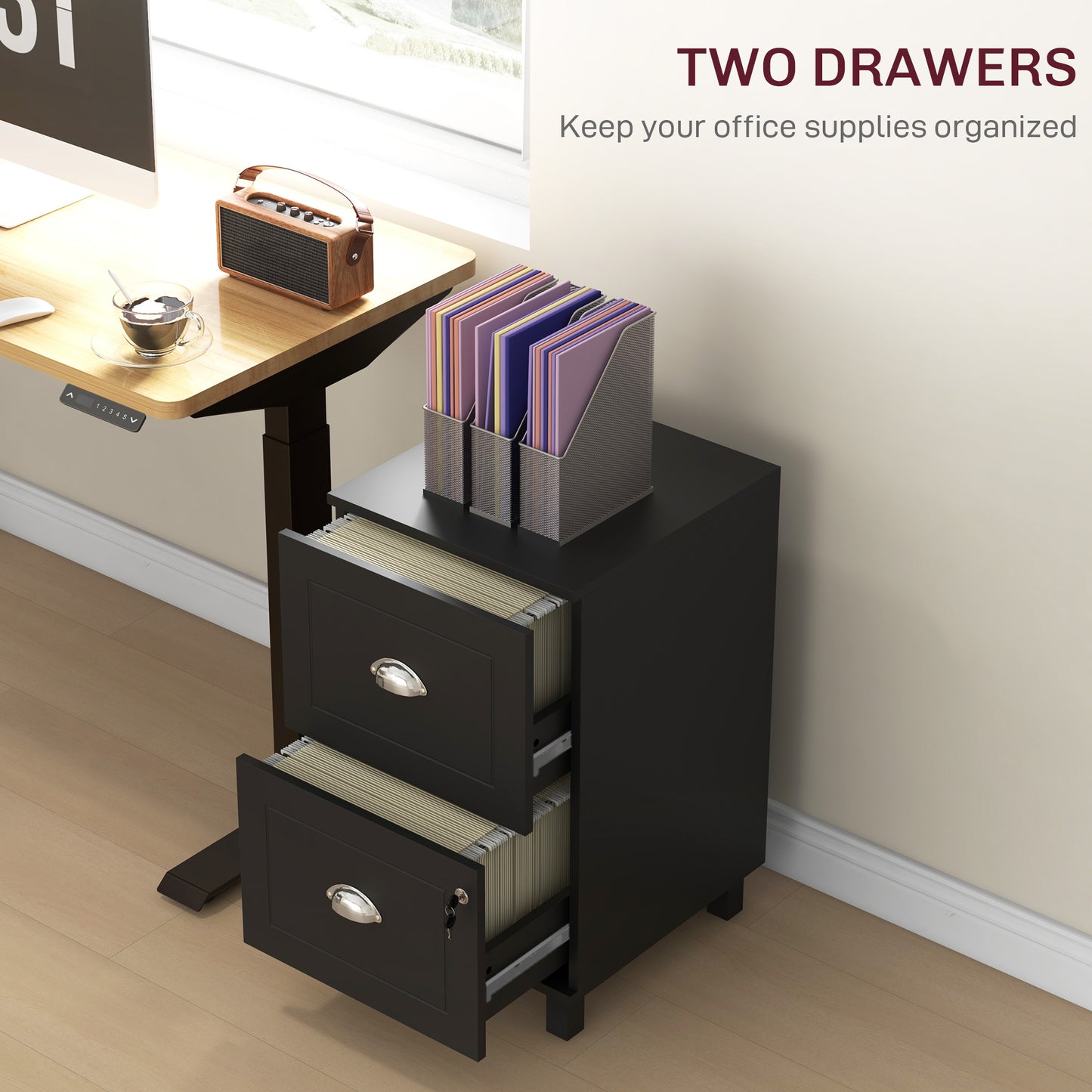 2-Drawer Small Filing Cabinet Lockable Home Office Storage Cabinet with Adjustable Hanging Bars for A4 Letter Black