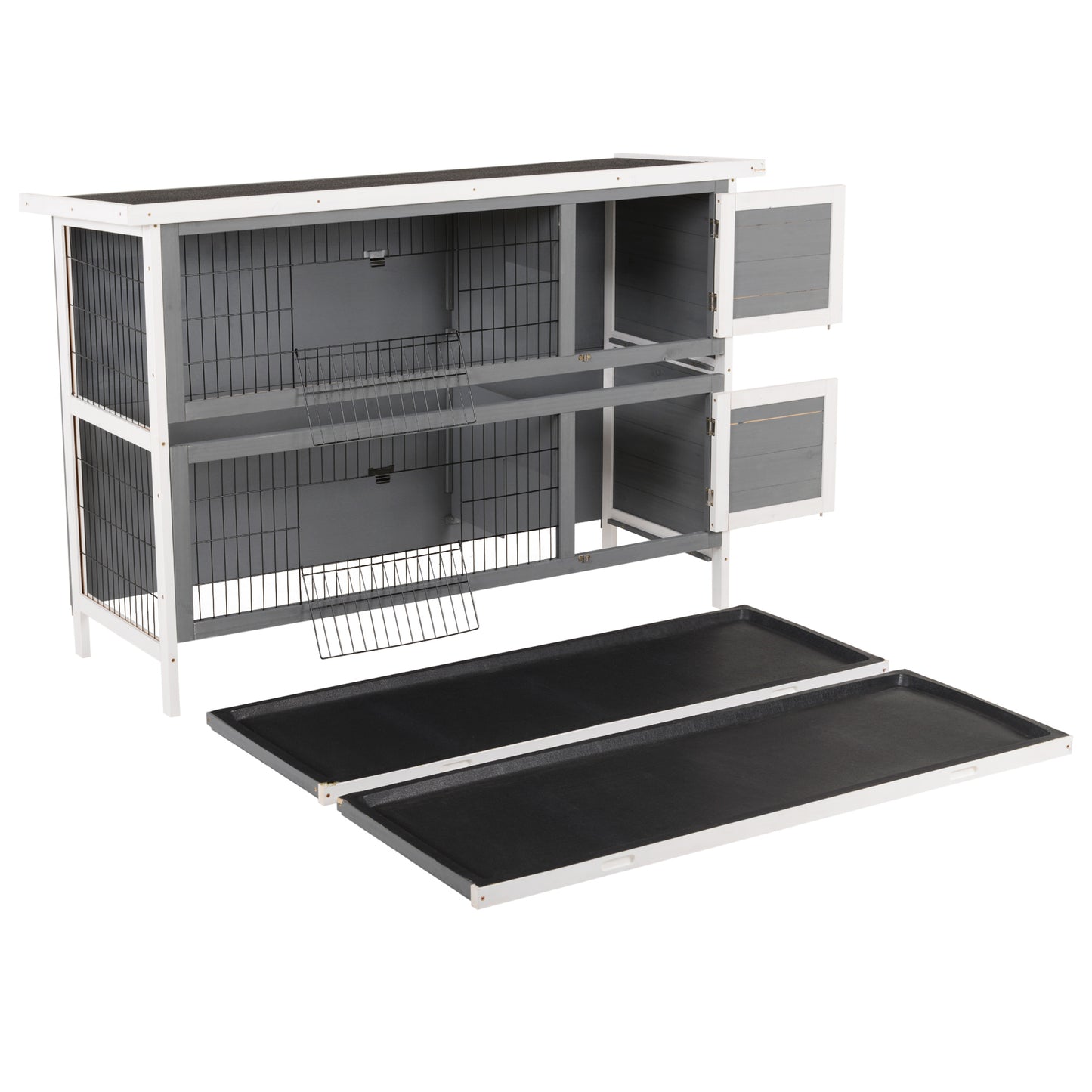 2 Tier Wooden Rabbit Hutch Bunny Pet House Wooden Coop Run, Grey