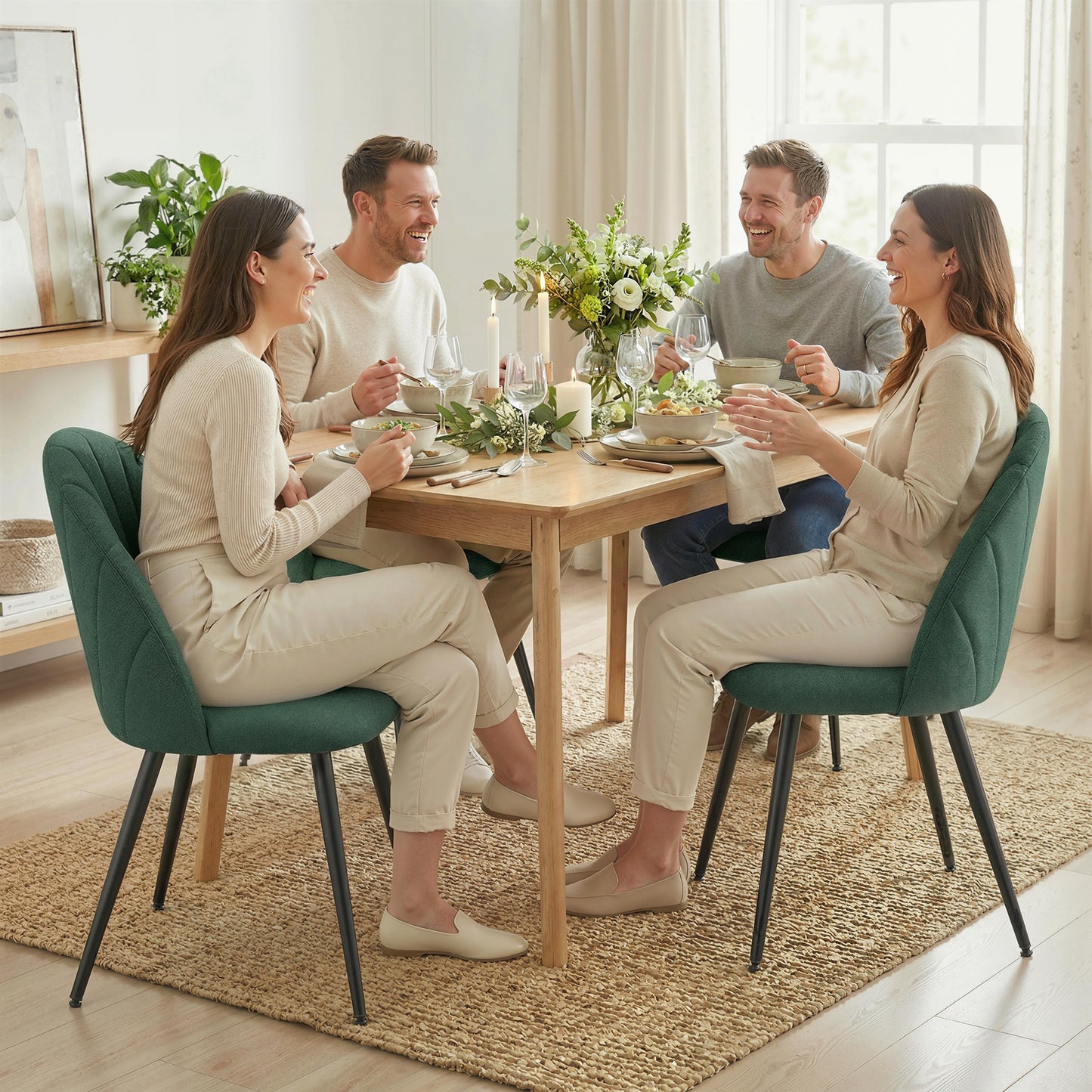 Modern Dining Chairs Set of 4, Upholstered Dining Room Chairs with Metal Legs, Shell Backrest, Padded Seat, Green