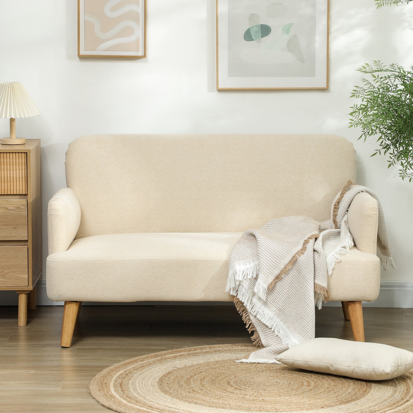 Velvet Feel Fabric 2 Seater Sofa, Small Sofa Loveseat with 8.3" Thick Padding and Wood Legs, Cream White