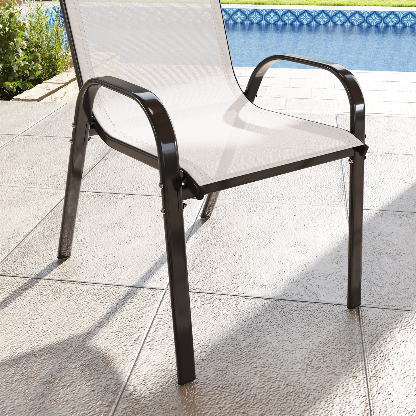 Set of 2 Outdoor Dining Chairs, Stackable Lawn Chairs with High Back, Breathable Mesh Seat for Garden Porch, Black