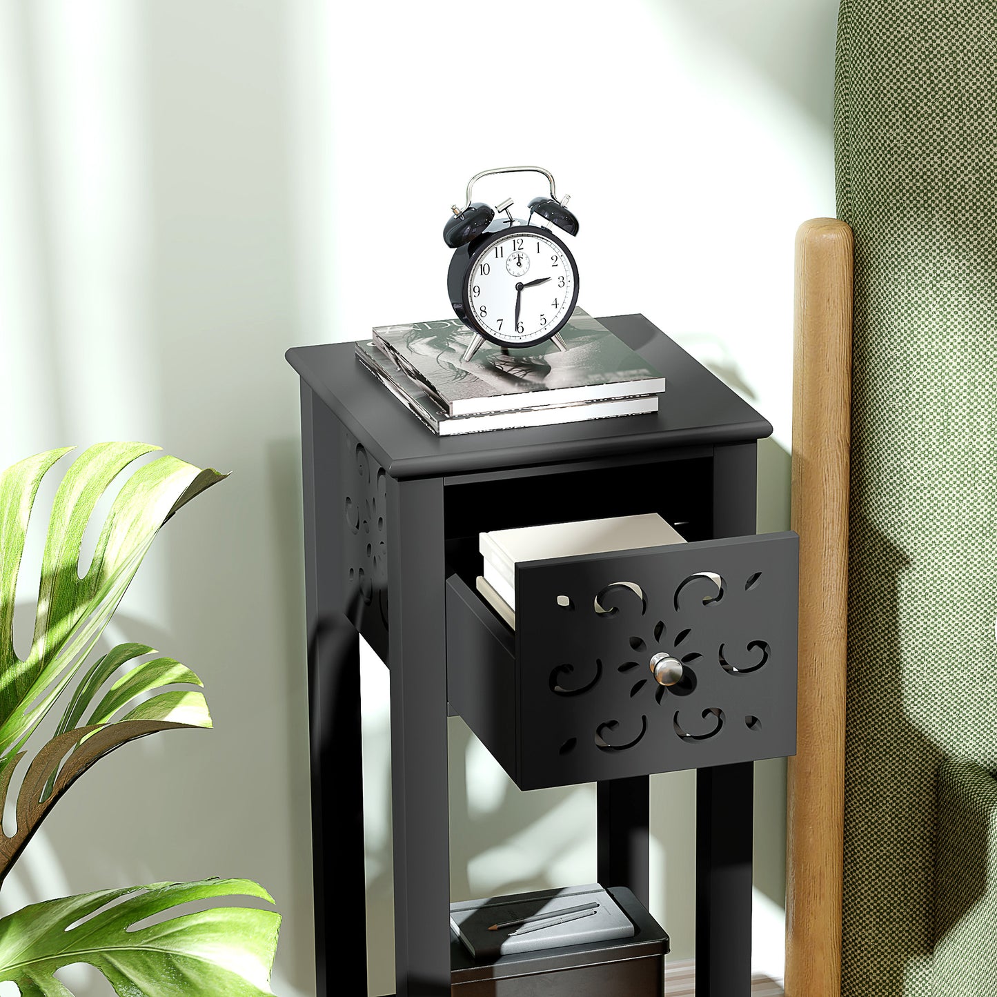 Nightstand Set of 2 with Drawer and Open Storage Shelf Black