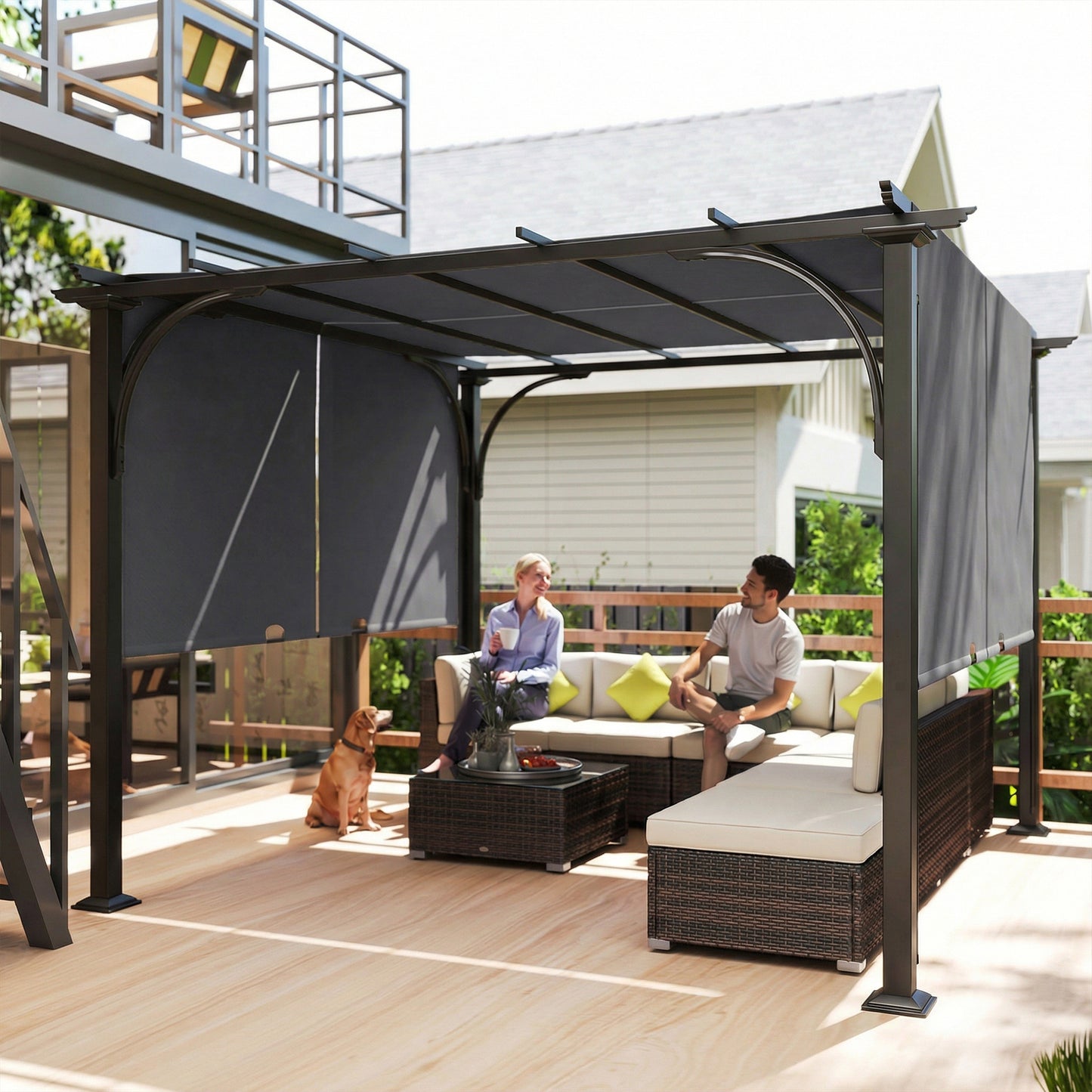 10' x 10' Retractable Pergola Canopy, UPF50+ Outdoor Metal Pergola Gazebo Sun Shade Shelter with Steel Frame, Dark Grey
