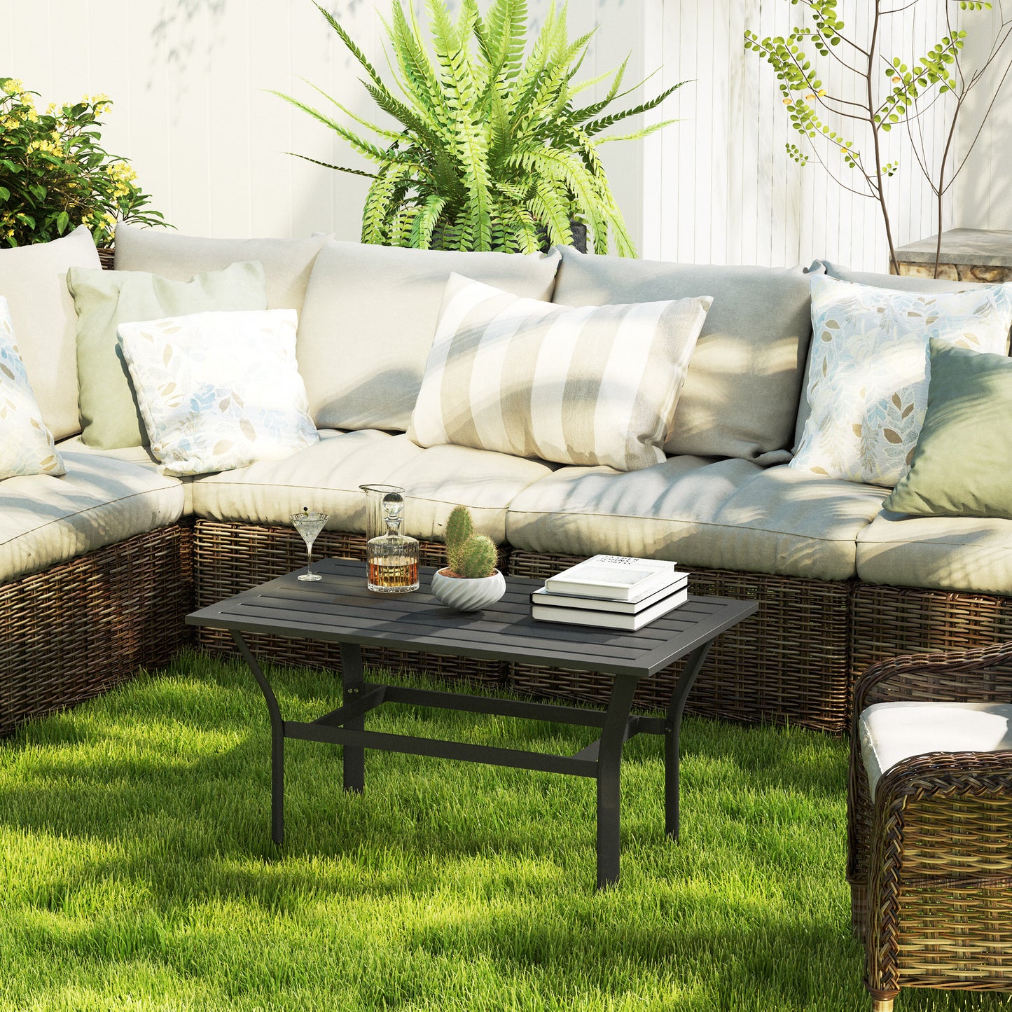 Outdoor Side Table with Slatted Tabletop, Metal Patio Coffee Table for Garden, Balcony, Black