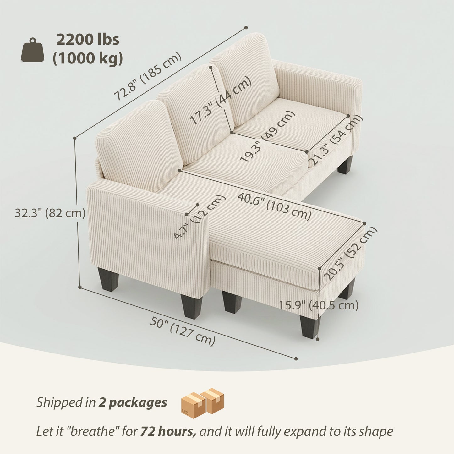 L-Shape Corduroy Sectional Sofa with Reversible Chaise - Cream White
