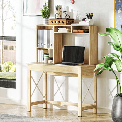 Computer Desk with Hutch & Storage Shelves - Oak