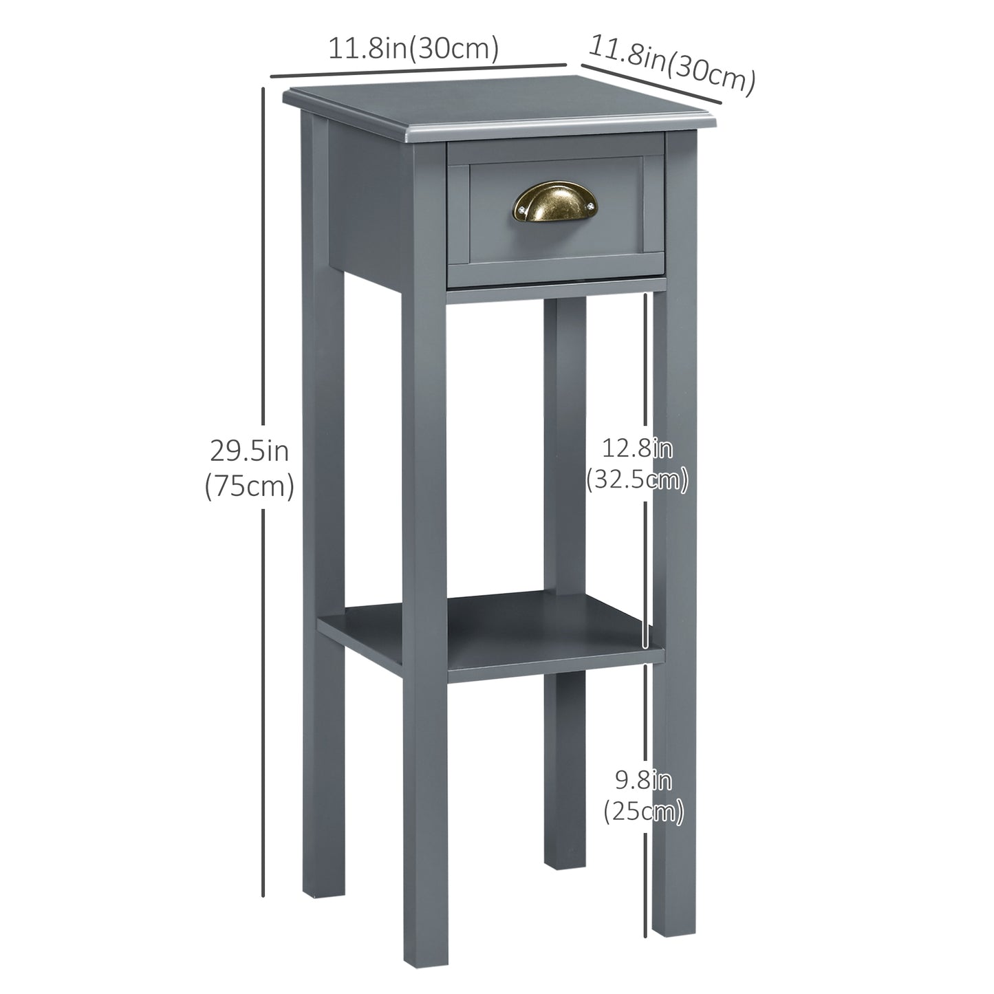 Bedside Table Set of 2, Narrow Side Table with Drawer and Shelf, 2 Tier Tall Nightstand for Bedroom, Grey