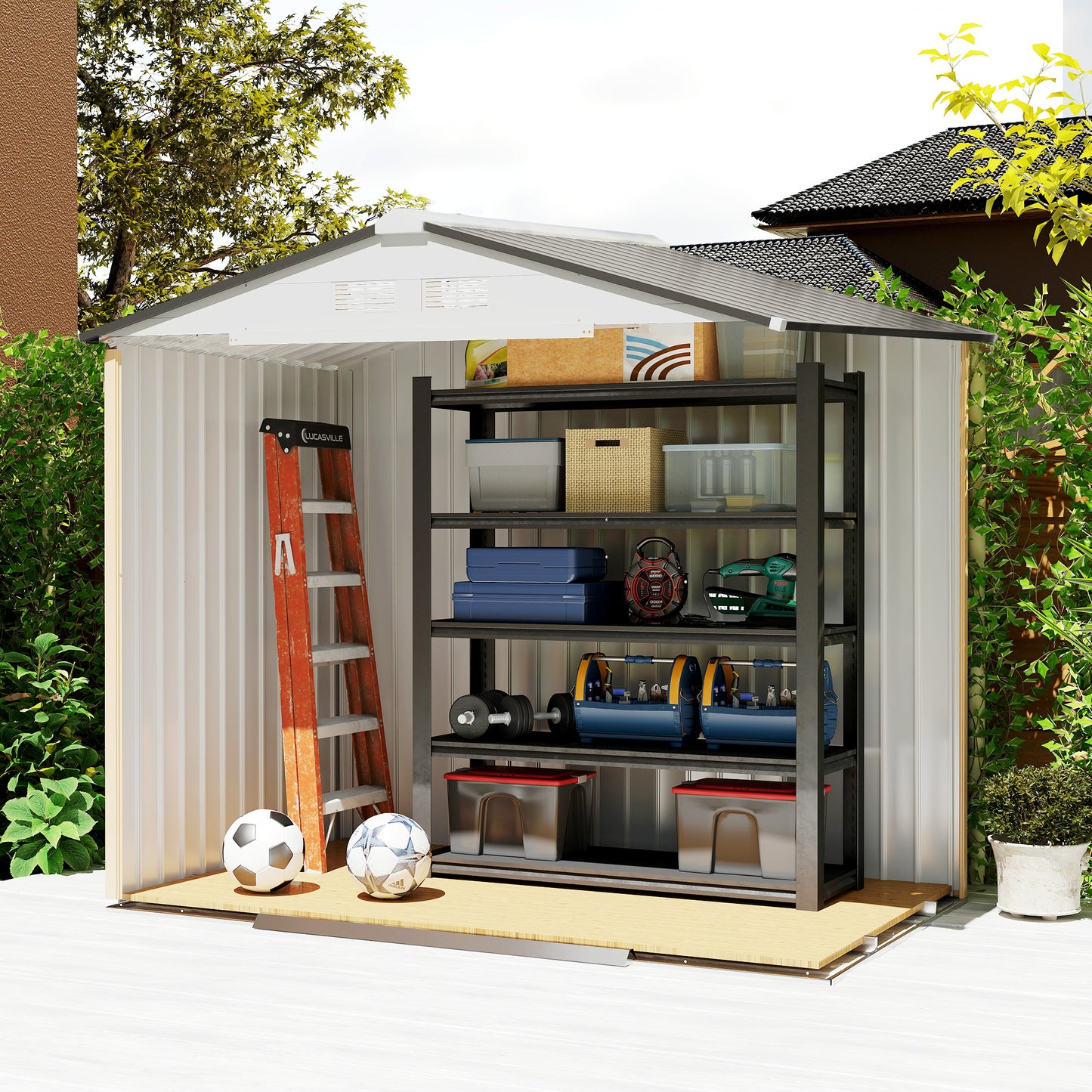 7'x 4'x 6' Garden Tool Shed Metal Storage Shed w/ Foundation Kit and Double Doors Silver