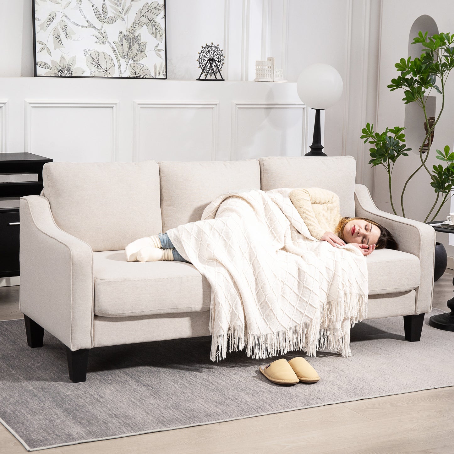 3 Seater Sofa, Modern Couch with Pocket Spring, Linen Upholstered, Thick Padded, Beige