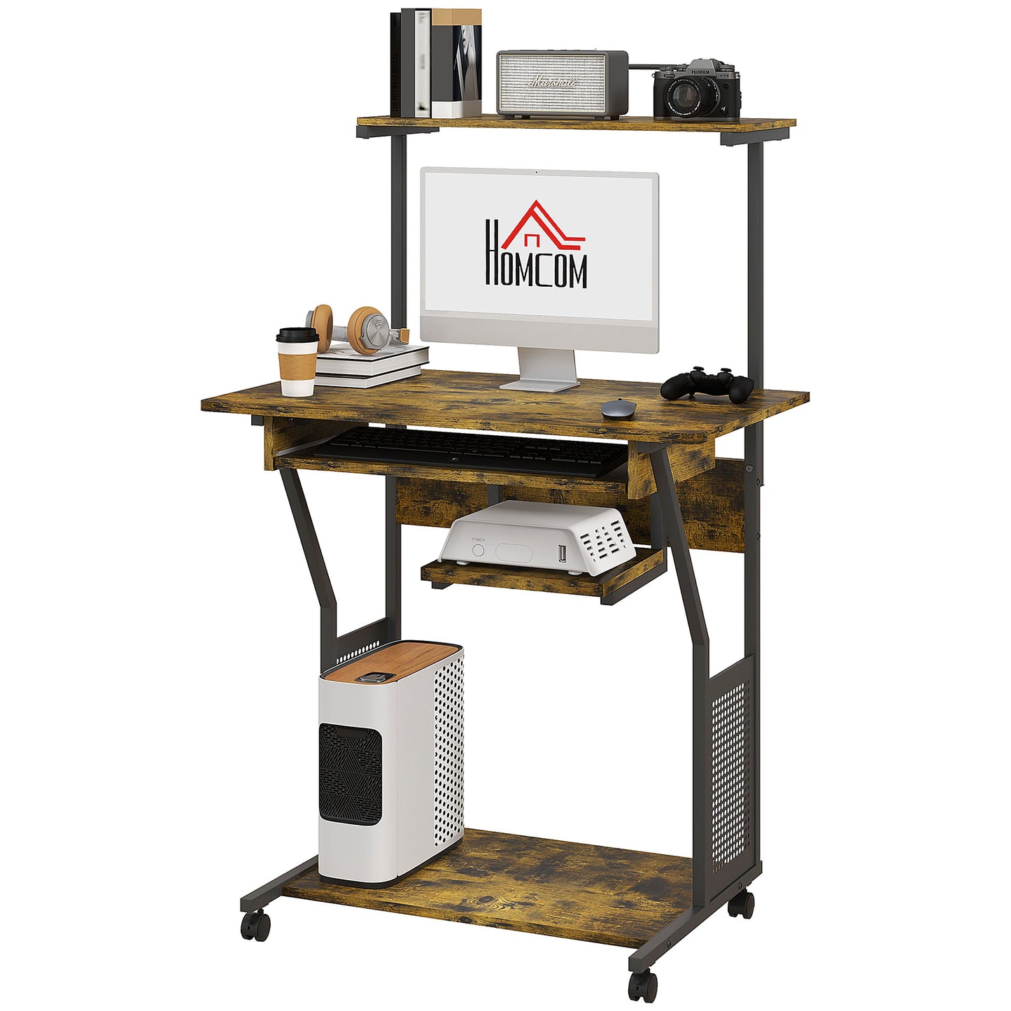 32" Mobile Computer Table, Rolling Study Desk for Home Office with Keyboard Tray, Storage Shelves, Wheels, Rustic Brown