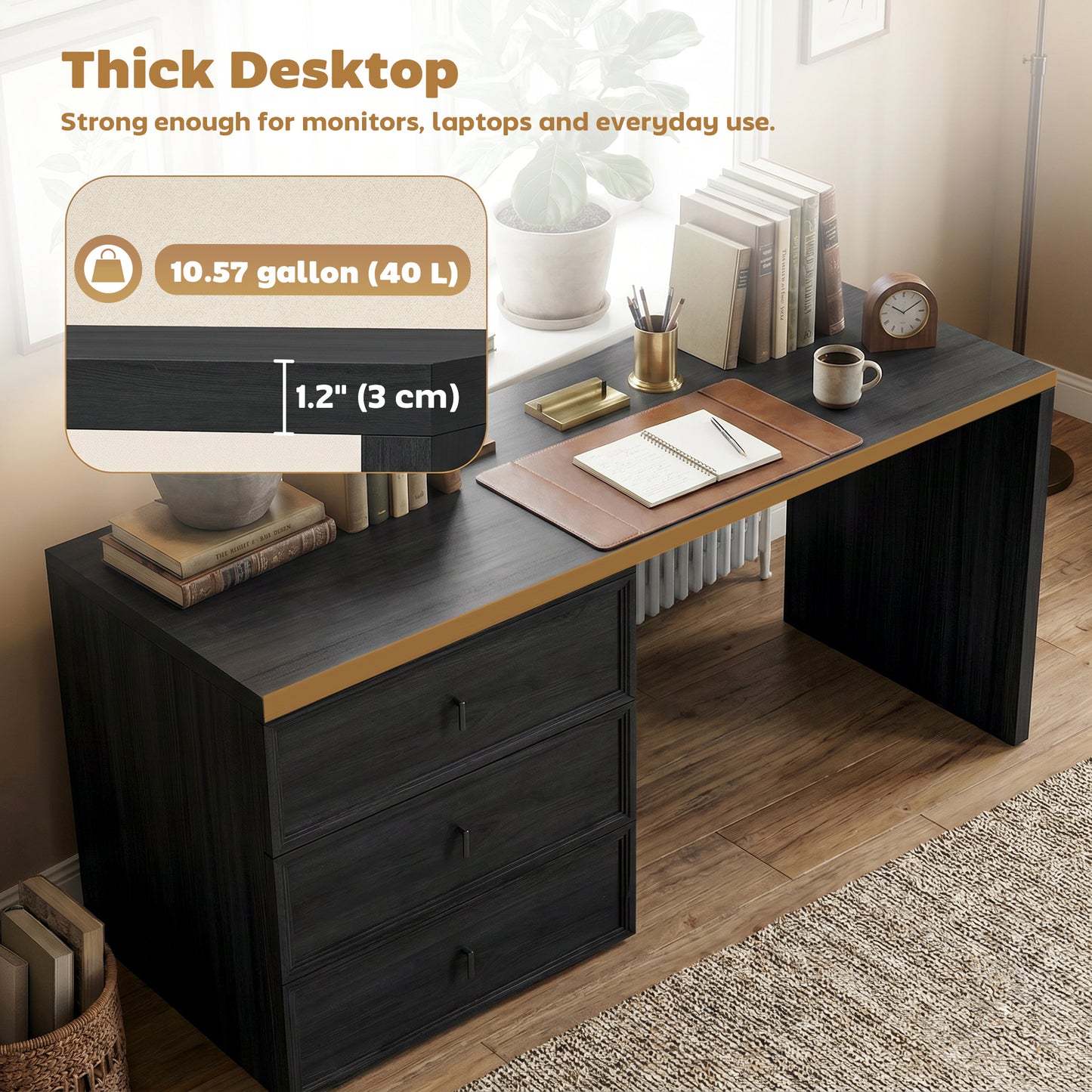 L Shaped Computer Desk Home Office Desk with 3 Drawers Black Wood Grain