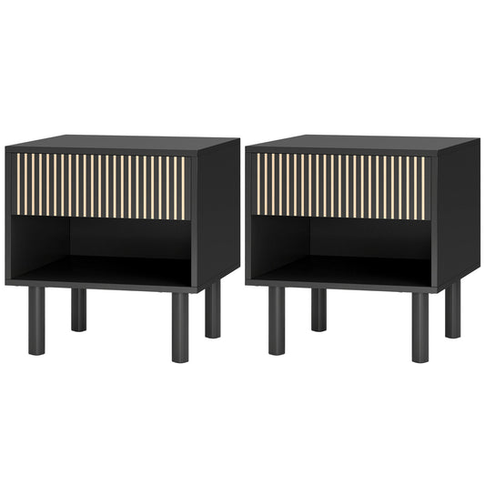 Bedside Table Set of 2 with Drawer and Shelf - Black