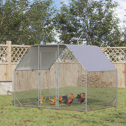 Chicken Run Outdoor, Galvanized Large Metal Chicken Coop Cage, Walk-in Enclosure Poultry Hen Run House Playpen Rabbit Hutch with Flat Roof, Cover - 9.2' x 6.2' x 6.5'