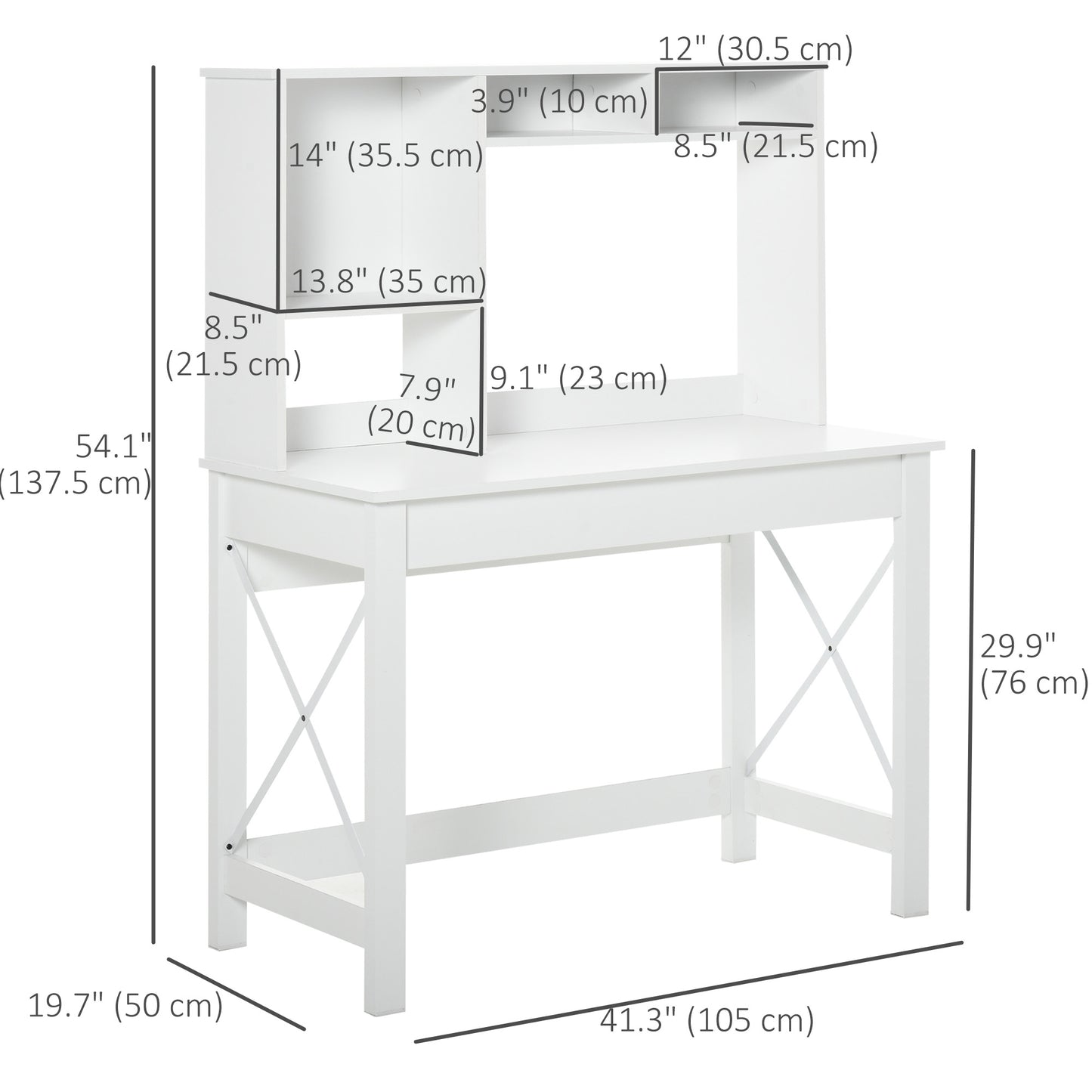 Computer Desk with Hutch, Home Office Table with Storage Shelves and Open Compartments for Writing, Work, White