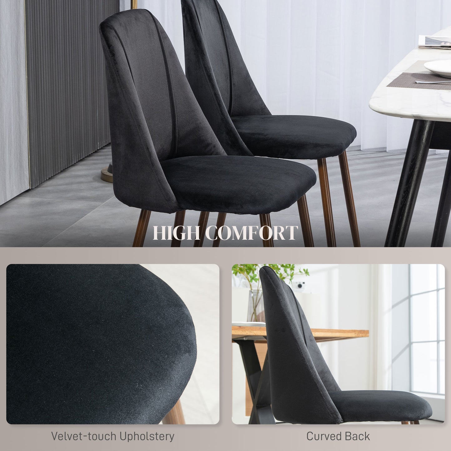 Upholstered Dining Chairs Set of 4, Velvet Accent Chair with Back and Wood-grain Steel Leg for Kitchen, Black