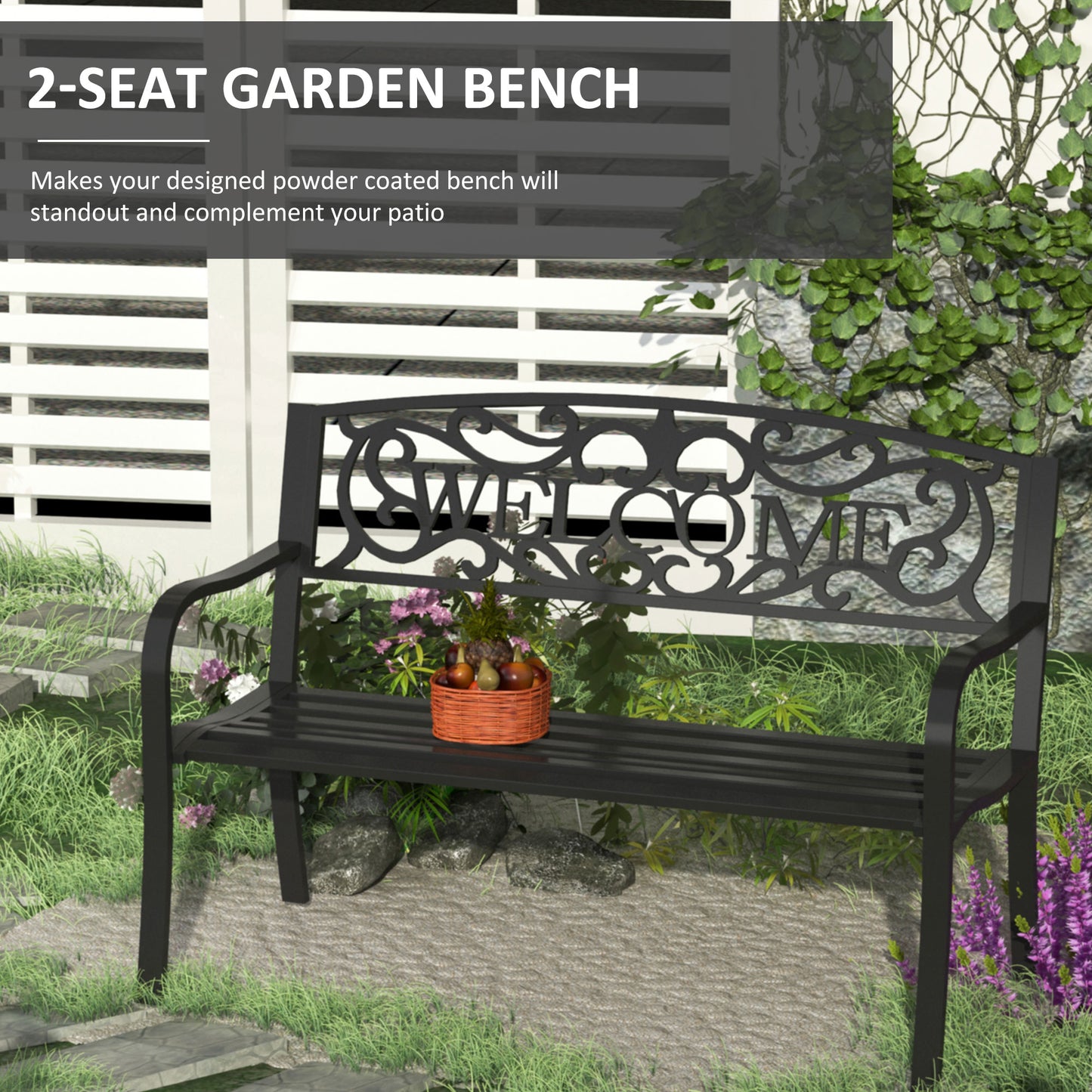 50" 2-Seater Garden Bench, Patio Decorative Chair Metal Backyard Loveseat Outdoor Furniture for Yard, Lawn, Porch, Black
