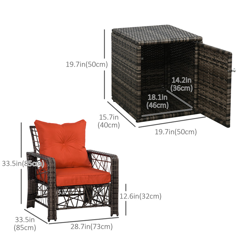 3-Piece Rattan Bistro Set with Storage Coffee Table - Red