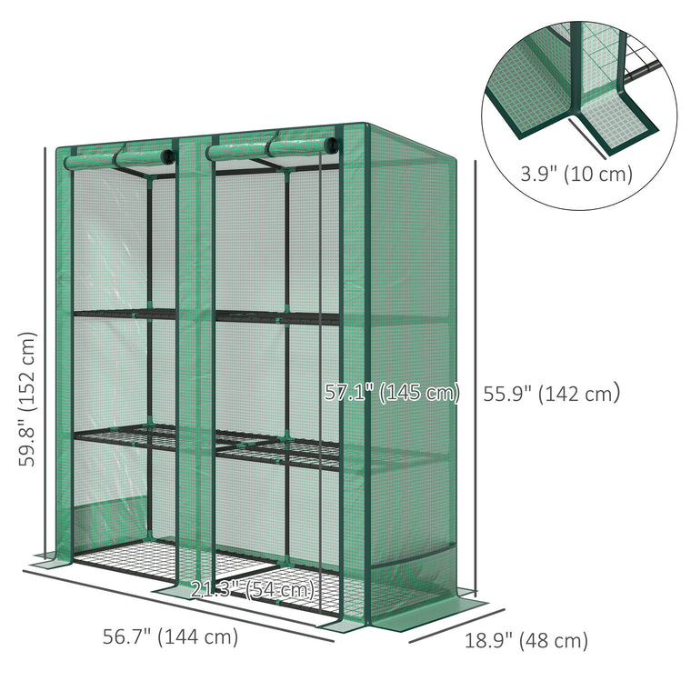 Green Lean-To Greenhouse with 3-Tier Shelves & 2 Roll-Up Doors