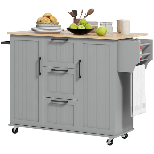 Rolling Kitchen Cart with Drop Leaf & 3 Drawers - Grey