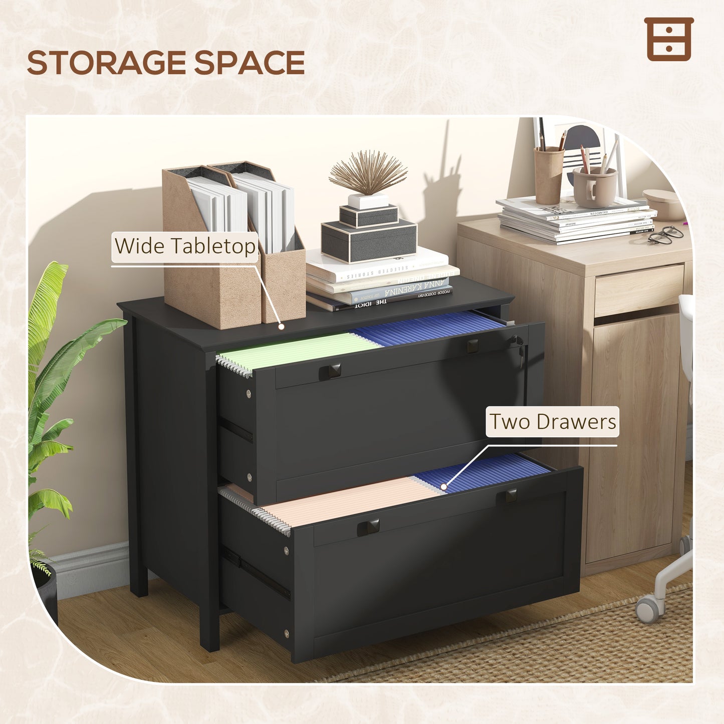 2 Drawer File Cabinet, Lockable Filing Cabinet with Adjustable Hanging Bar for Letter, A4 and Legal Size, Black