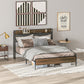 Queen Size Bed Frame with Charging Station, Queen Bed Frame with Upholstered Headboard and Storage Shelf, Walnut