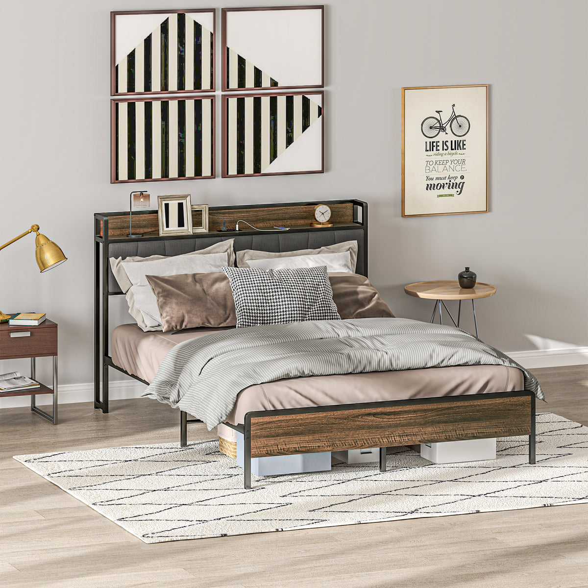 Queen Size Bed Frame with Charging Station, Queen Bed Frame with Upholstered Headboard and Storage Shelf, Walnut