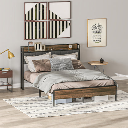 Queen Bed Frame with Charging Station and Storage - Walnut