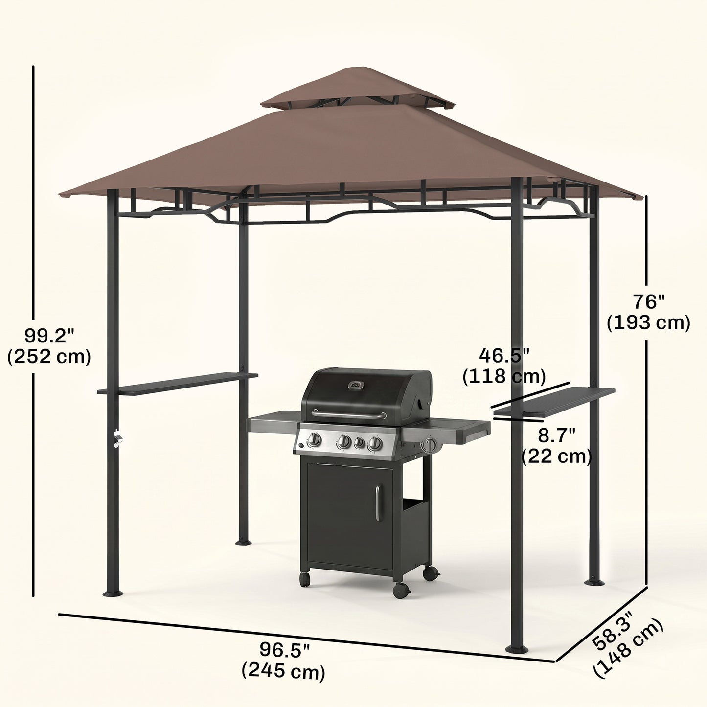 8' x 5' BBQ Grill Gazebo Tent with Double Tiered Canopy for Outdoor Sun Shade, Coffee