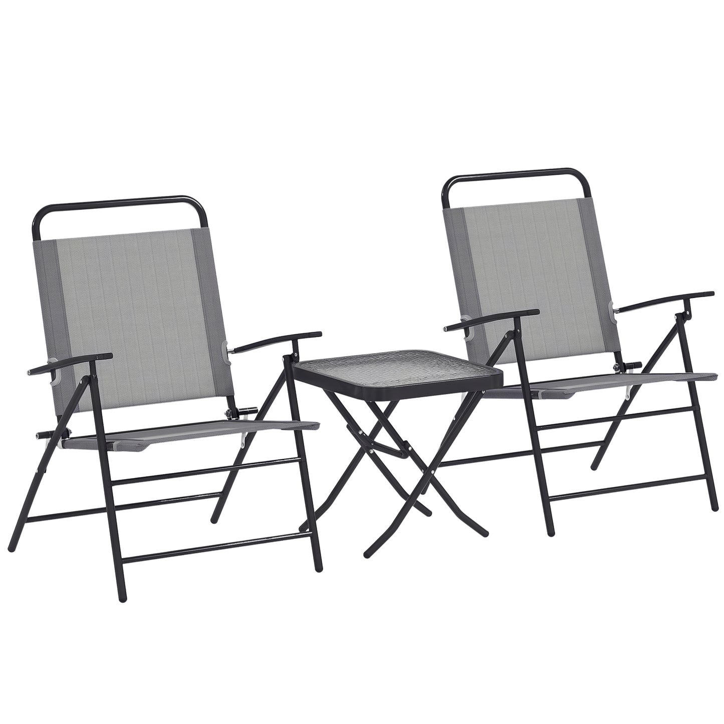 Folding Bistro Set, Small Patio Set with Back Adjustable Chairs and Glass Top Table for Garden, Balcony, Porch, Grey