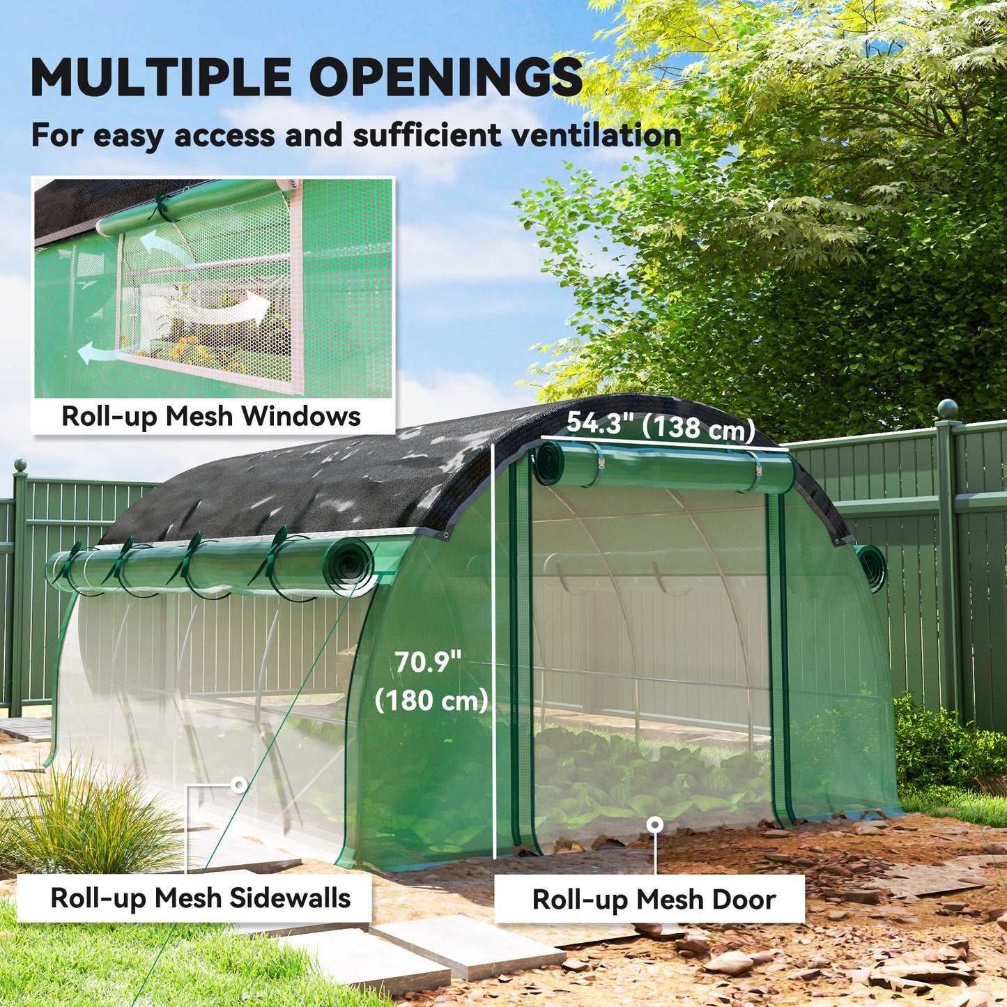 Walk-in Tunnel Greenhouse, Plant Hot House with Sunshade Net, Roll-up Mesh Sidewalls, 2 Doors