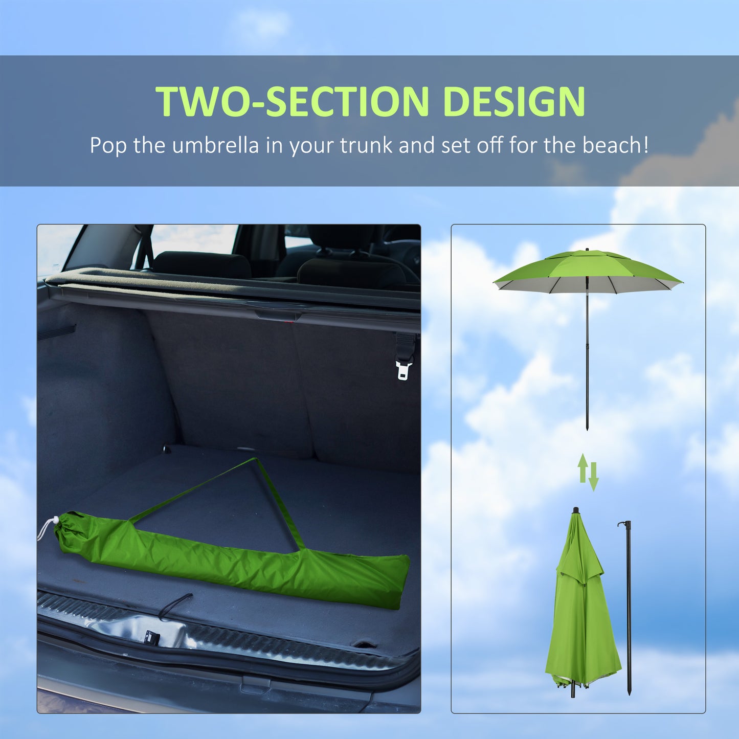6.6ft Arched Beach Umbrella, Angle Adjustable Patio Umbrella with Steel Frame, Carry Bag, UV30+ Outdoor Umbrella, Green