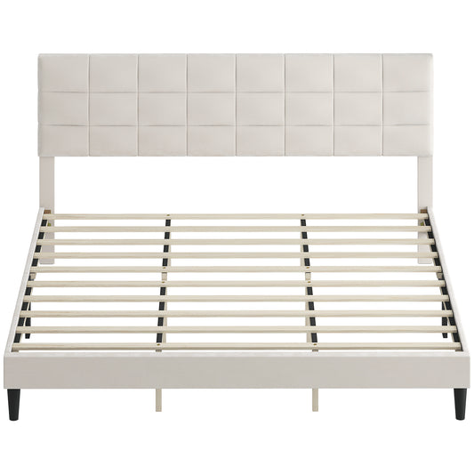 King Platform Bed Frame with Upholstered Headboard - Cream