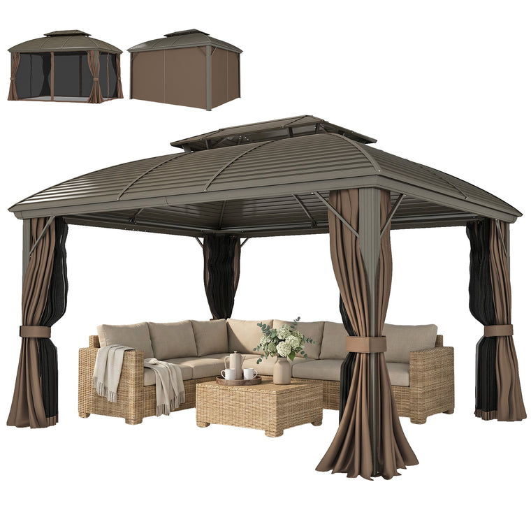 10' x 12' Coffee Hardtop Gazebo with Double Roof & Curtains