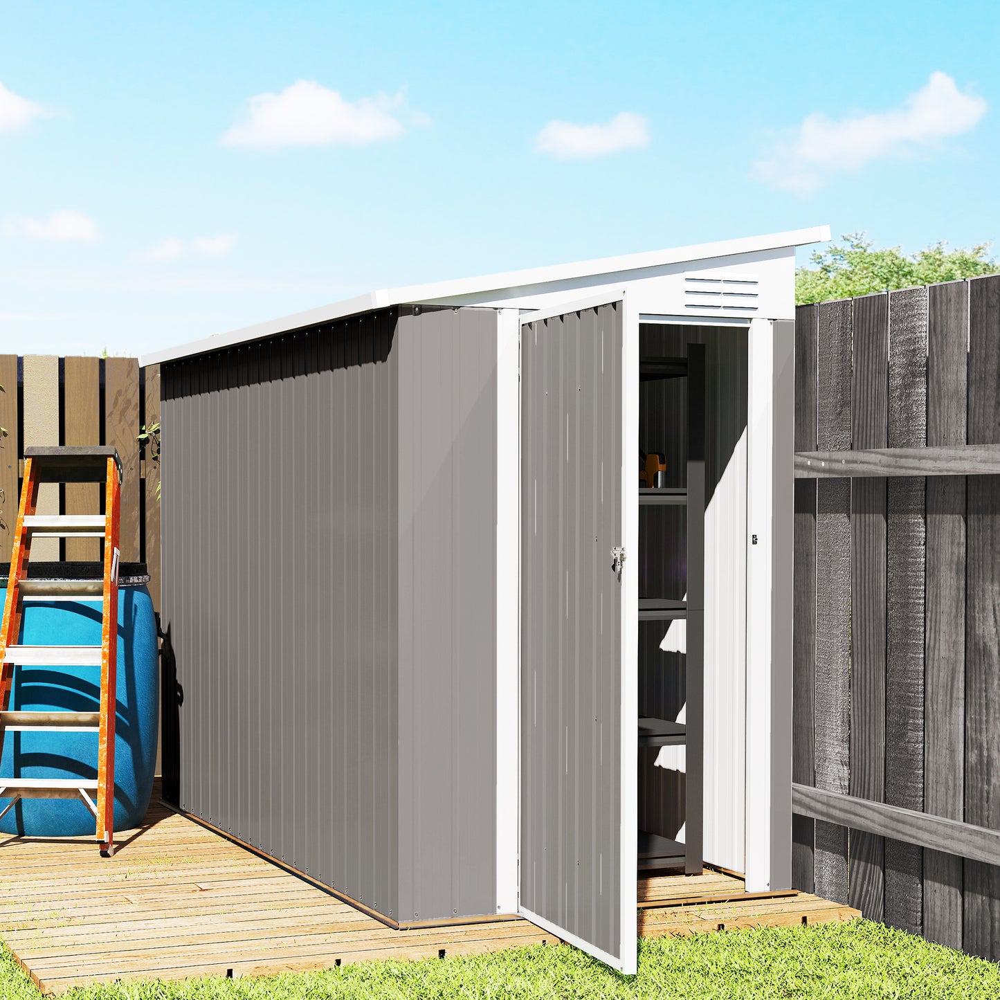 Outdoor Storage Shed Lean to Shed Outdoor Metal Tool Shed with Lockable Door and Air Vents, Dark Grey