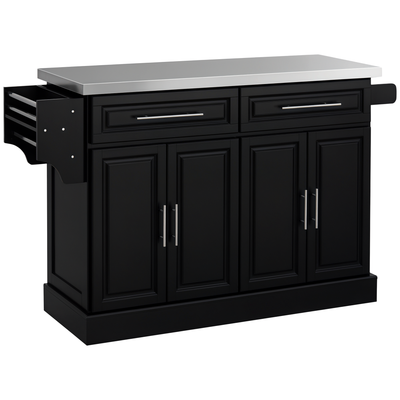 Rolling Kitchen Island with Stainless Steel Top - Black