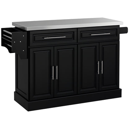 Rolling Kitchen Island with Stainless Steel Top - Black