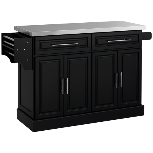 Rolling Kitchen Island with Stainless Steel Top - Black