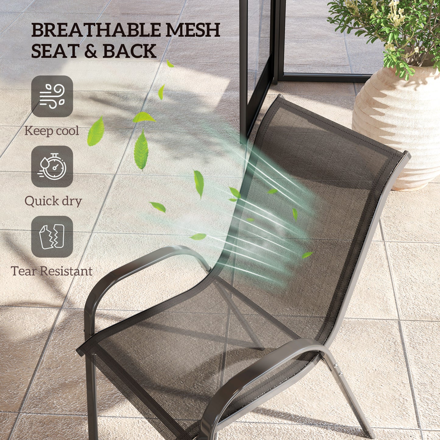 Set of 4 Outdoor Dining Chairs, Stackable Lawn Chairs with High Back, Breathable Mesh Seat for Garden Porch, Black