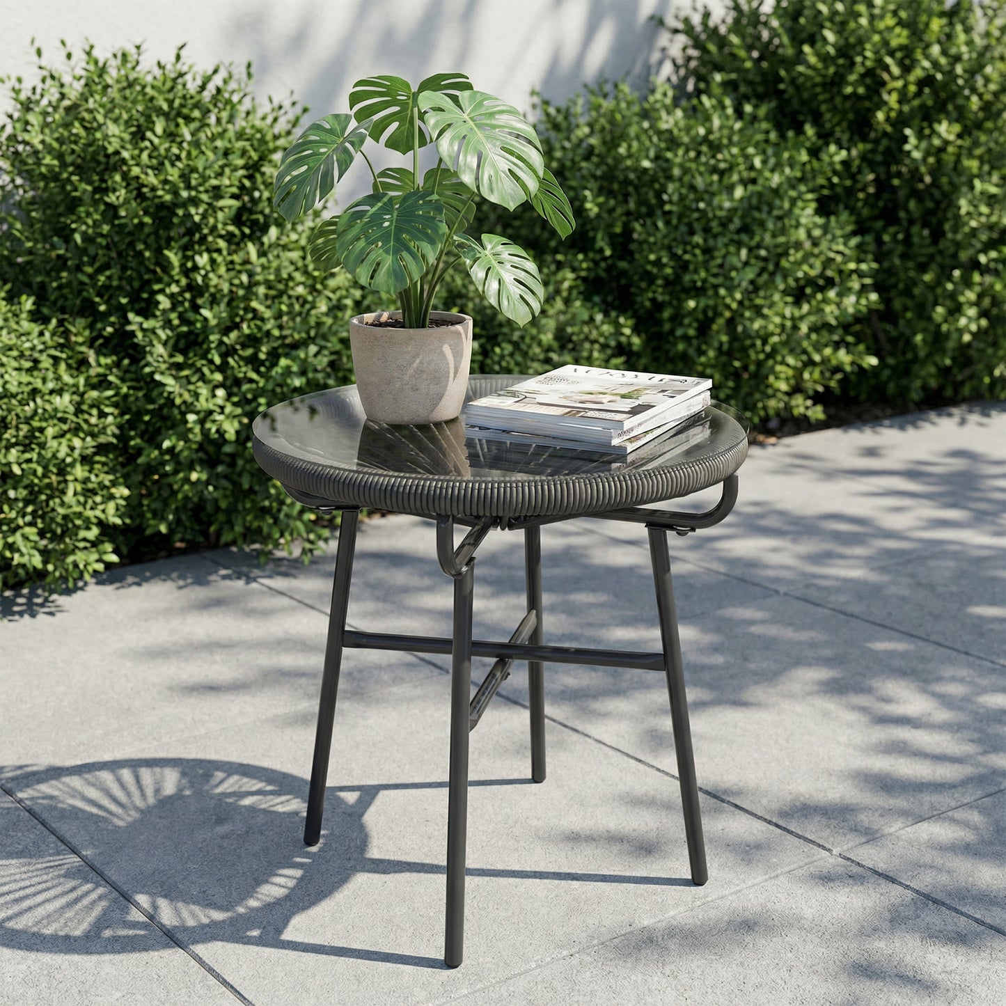 Rattan Side Table, Round Outdoor Table, with Round PE Rattan and Tempered Glass Table Top for Patio, Garden, Dark Grey