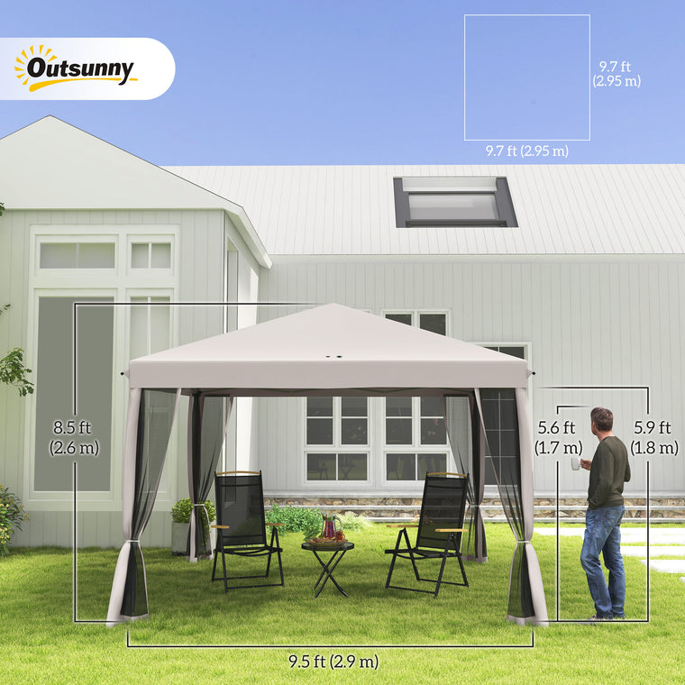 10' x 10' Beige Foldable Pop Up Gazebo with Mesh Sidewalls