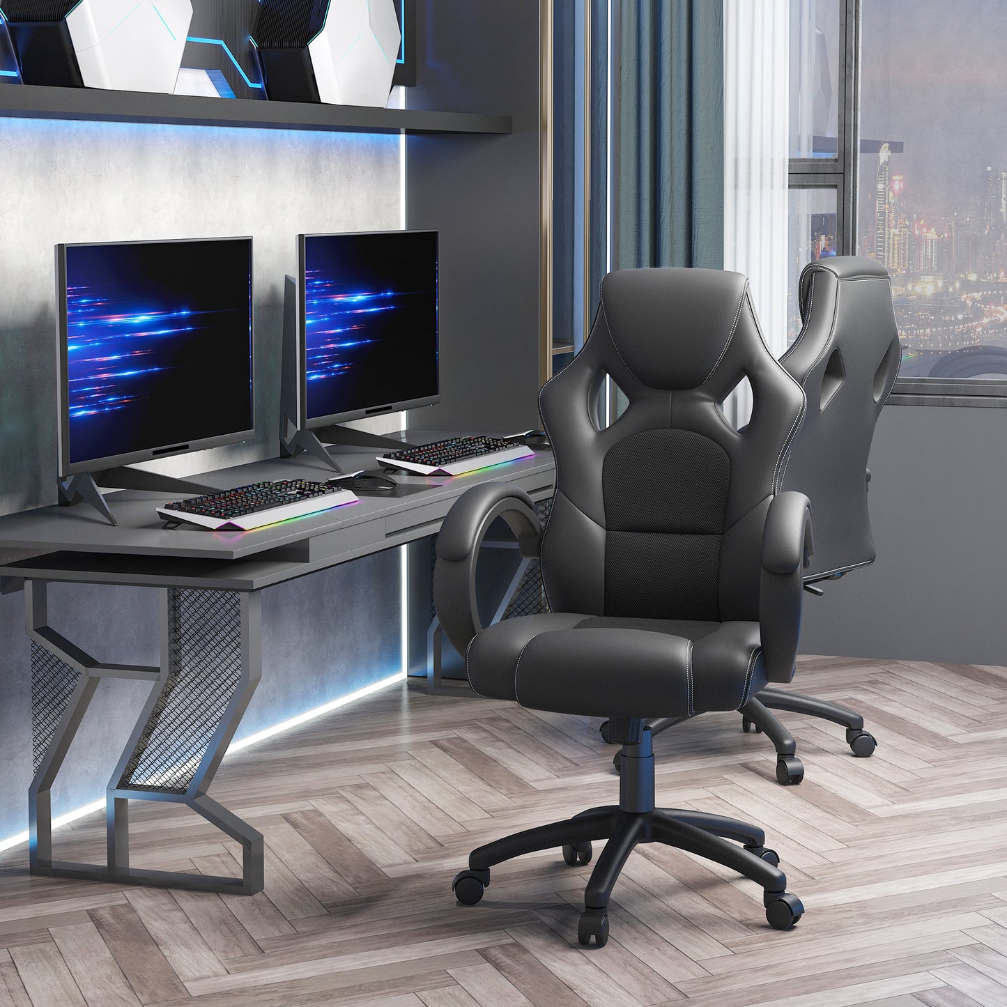 Racing Gaming Chair Office Chair Computer Desk Gamer Chair with Swivel Wheels, Padded Headrest, Tilt Function, Black