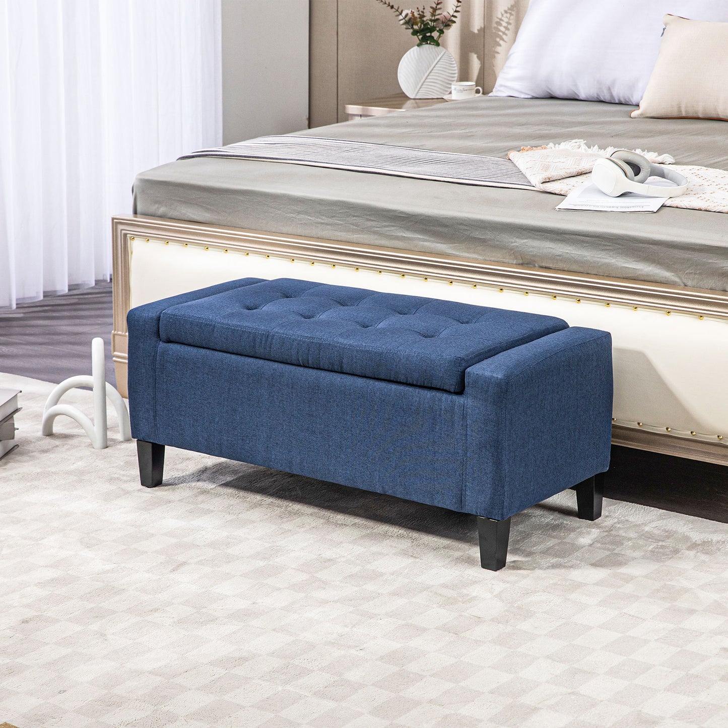 Storage Ottoman Bench, Linen Upholstered Bench with Tufted Design, Dark Blue