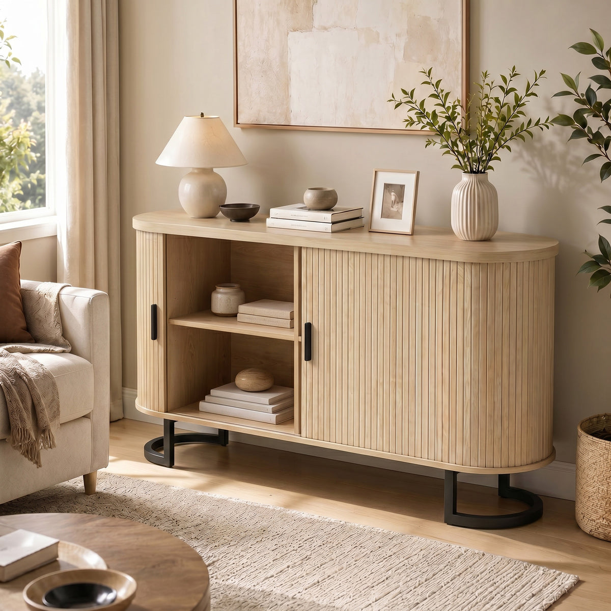 Fluted Sideboard Buffet Cabinet, 55" Modern Coffee Bar Cabinet with Sliding Doors and Adjustable Shelves, Natural