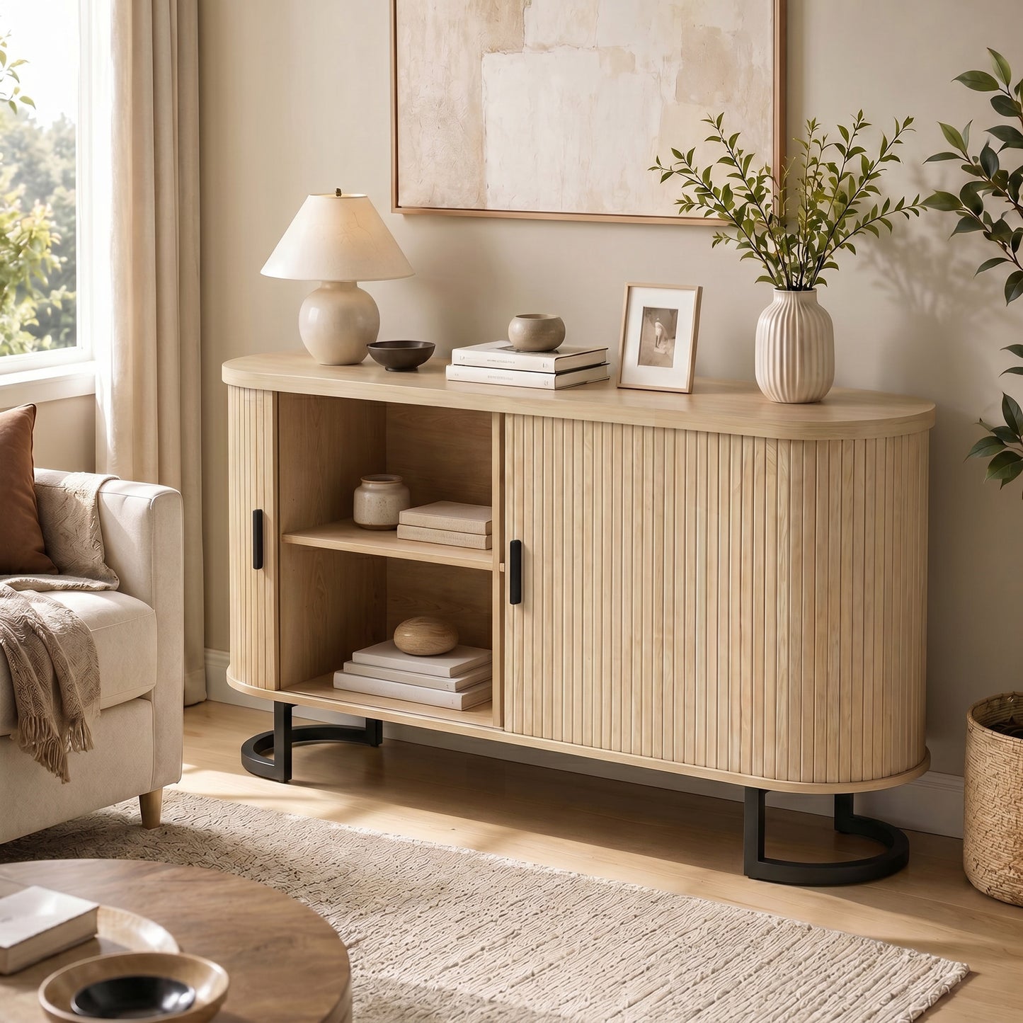 Fluted Sideboard Buffet Cabinet, 55" Modern Coffee Bar Cabinet with Sliding Doors and Adjustable Shelves, Natural