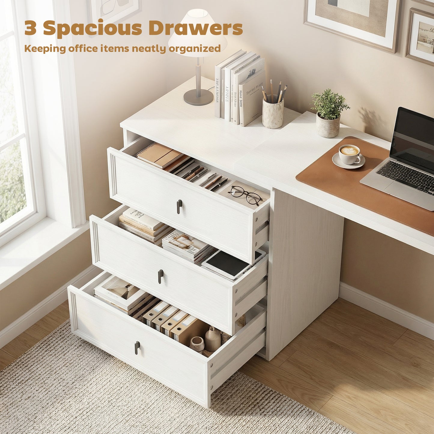 L Shaped Computer Desk Home Office Desk with 3 Drawers White Wood Grain